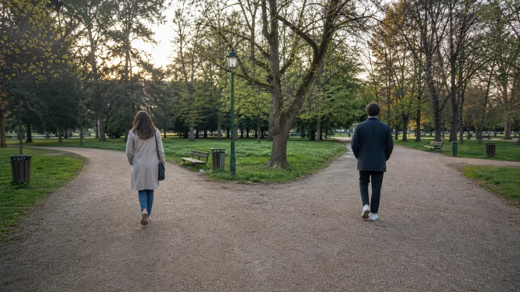 Deux jeunes adultes vus de dos prennent des chemins différents à l'embranchement d'une allée de parc.