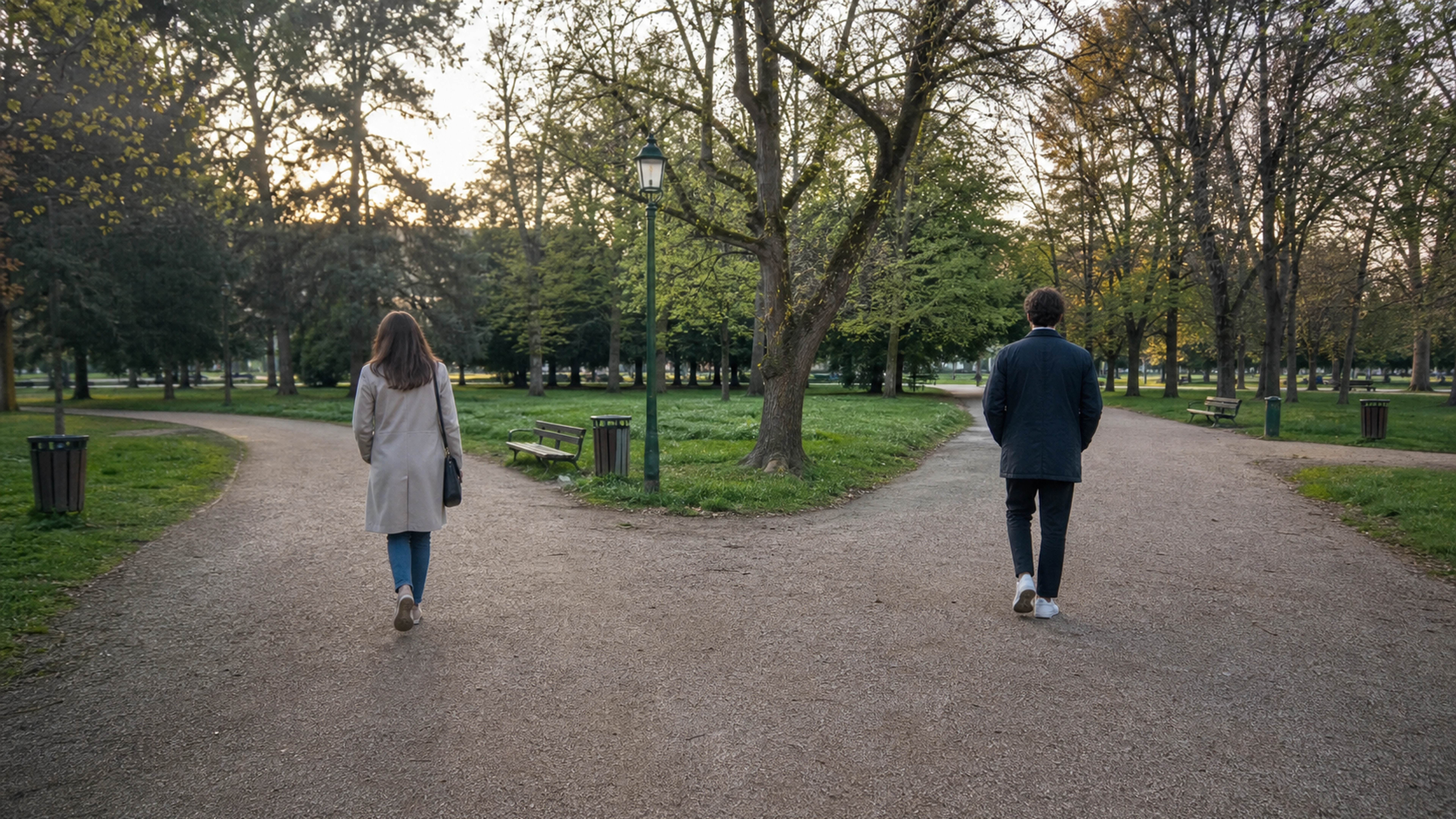 Deux jeunes adultes vus de dos prennent des chemins différents à l'embranchement d'une allée de parc.