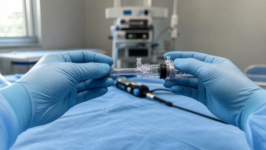 Mains gantées inspectant un trocart optique et sa canule sur un champ stérile au bloc opératoire.