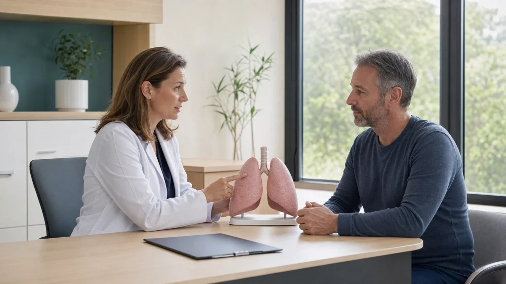 Oncologue échangeant avec un patient adulte autour d’un modèle anatomique des poumons dans un cabinet lumineux.