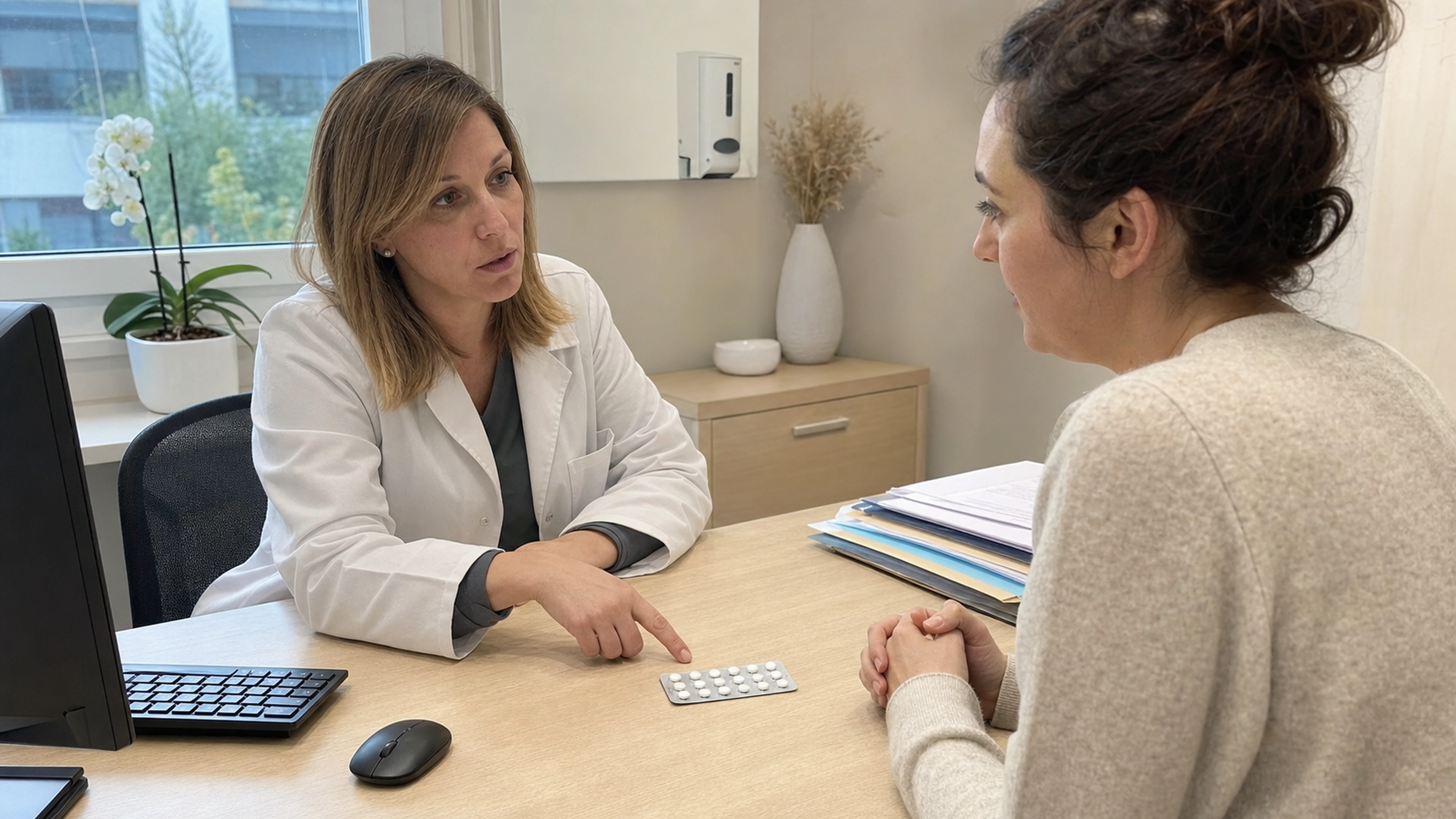 Patiente échangeant avec une médecin au sujet d’un traitement de fertilité encadré médicalement.