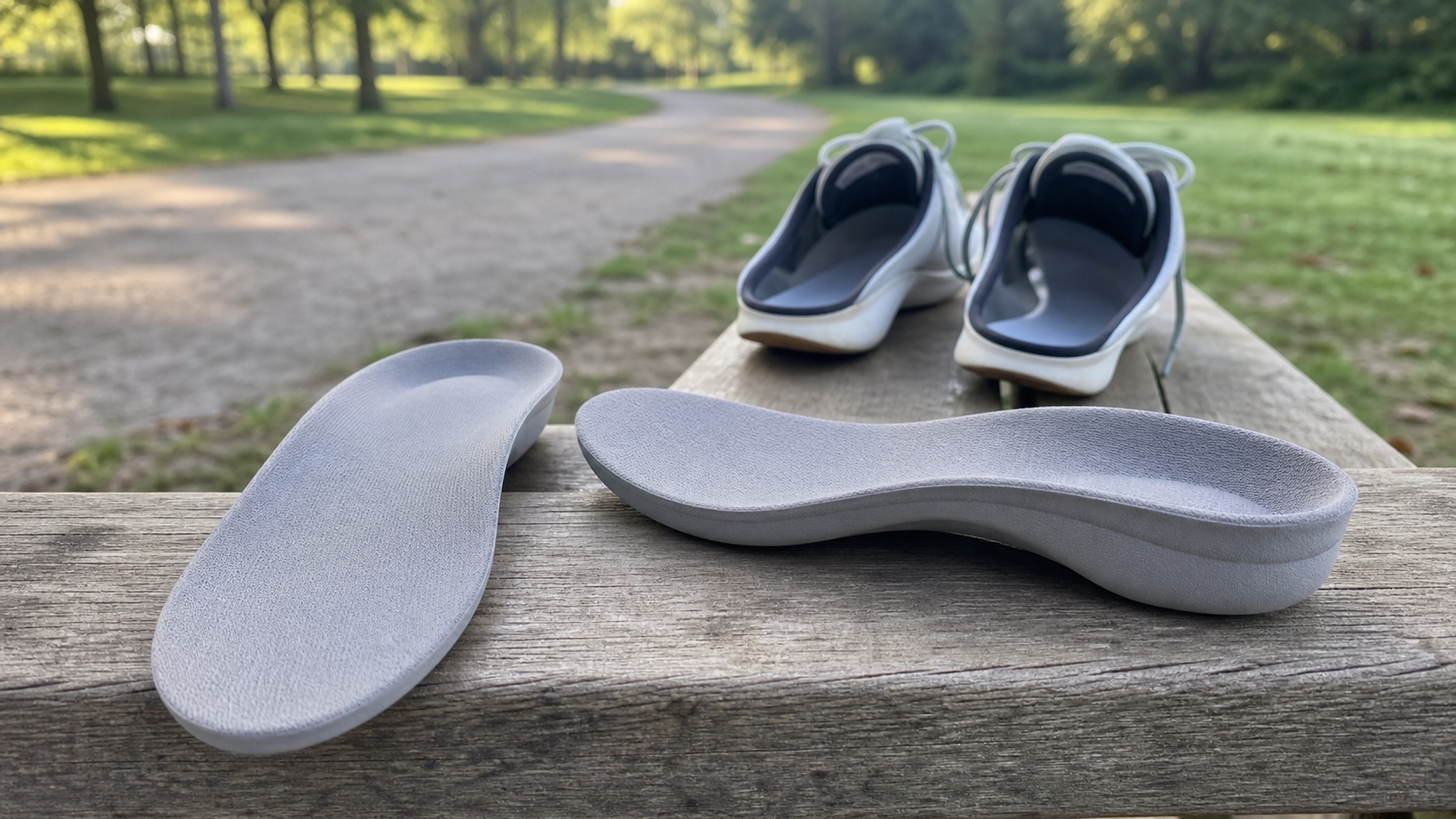 Deux semelles techniques génériques sorties de chaussures de course, comparées sur un banc au bord d’un sentier.