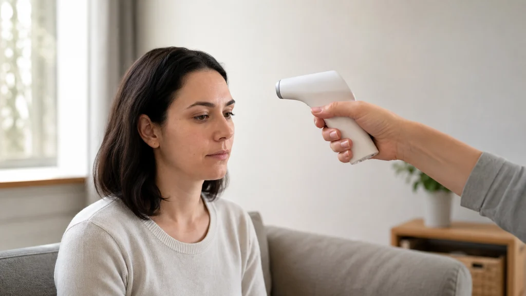 Une personne mesure sans contact la température frontale d’une femme avec un thermomètre infrarouge.