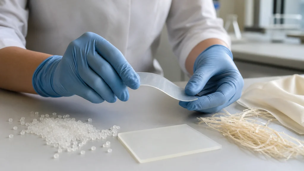 Mains gantées fléchissant une bande de polymère translucide parmi des granulés, des fibres naturelles et une plaque rigide.