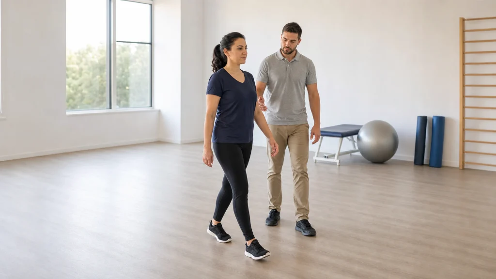 Une adulte reprend progressivement la marche aux côtés d’un kinésithérapeute dans une salle de rééducation lumineuse.