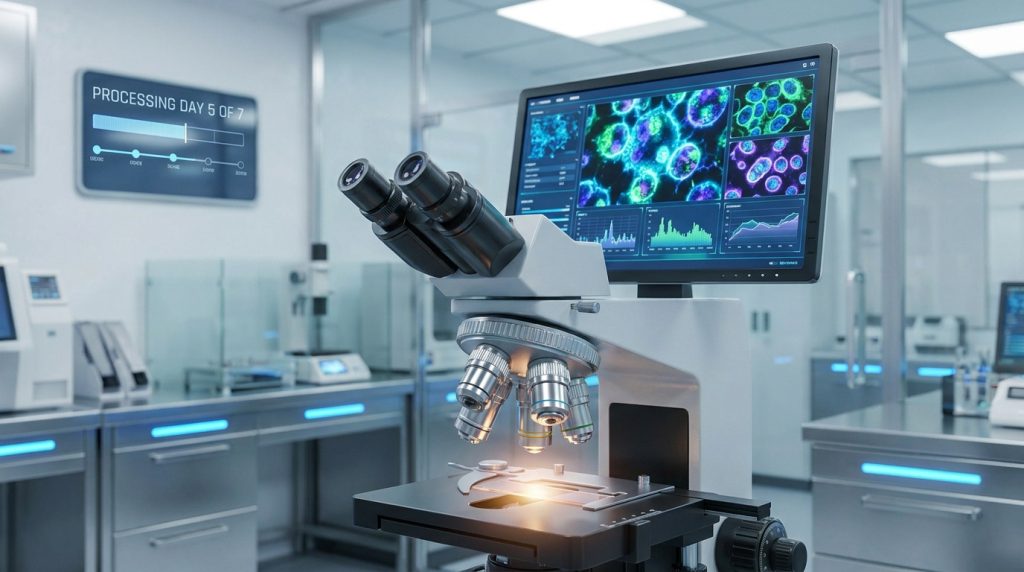 Microscope moderne dans un laboratoire avec un écran affichant des images cellulaires et une barre de progression.