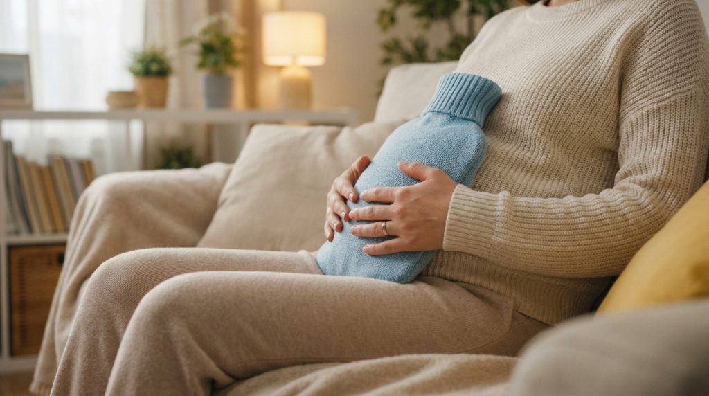 Femme enceinte assise sur un canapé tenant une bouillotte bleue sur son ventre.
