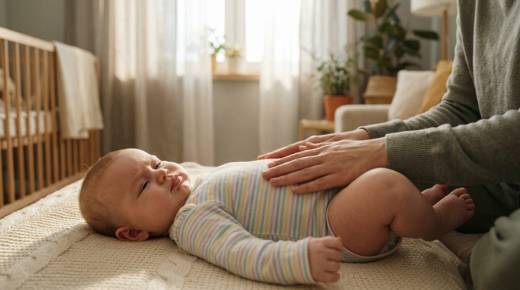 Une mère masse doucement le ventre de son bébé allongé sur un lit.