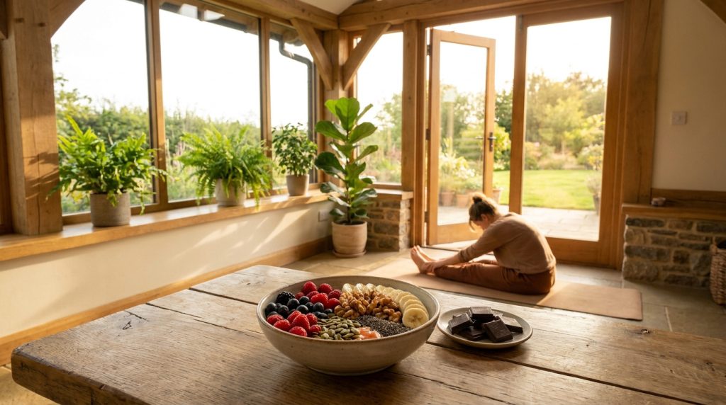 Un bol d'aliments sains et du chocolat noir sur une table devant une personne faisant du yoga dans une véranda ensoleillée.