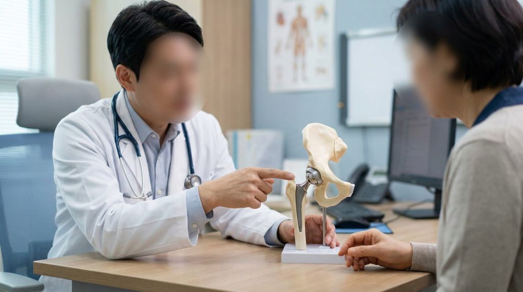 Un médecin explique le fonctionnement d'une prothèse de hanche à une patiente à l'aide d'un modèle anatomique.