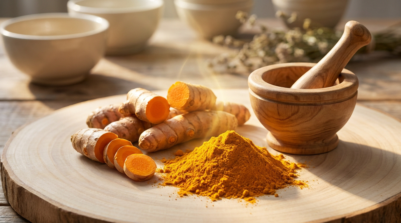 Racine de curcuma fraîche et poudre jaune sur une planche en bois avec un mortier et pilon en arrière-plan.