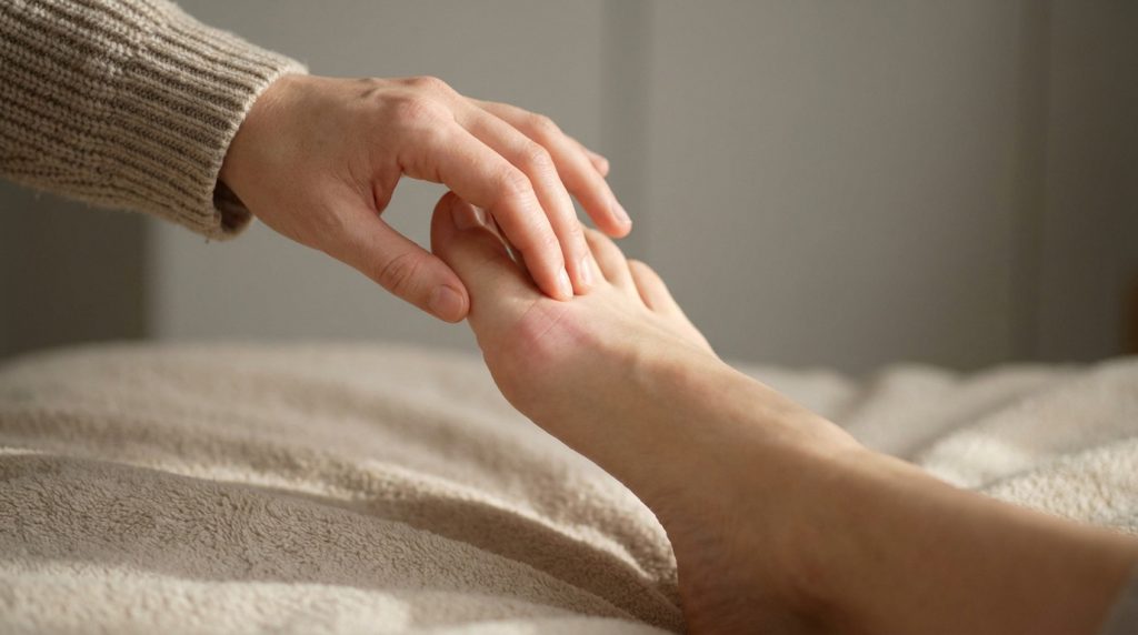 Une main examine un orteil enflé et rouge, évoquant une douleur articulaire ou une inflammation.