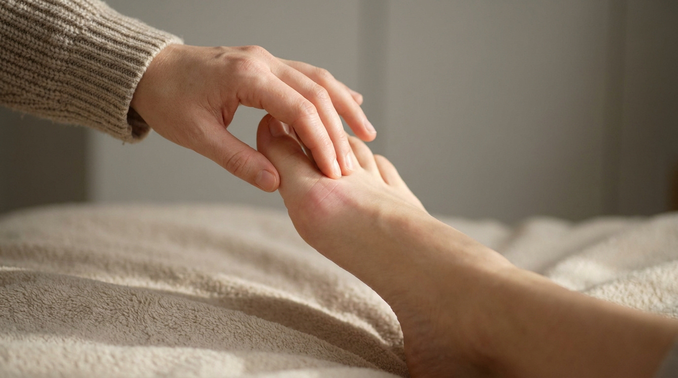 Une main examine un orteil enflé et rouge, évoquant une douleur articulaire ou une inflammation.