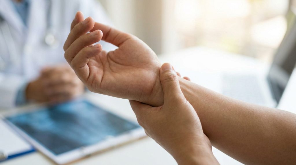Patient consultant un médecin pour une douleur au poignet lors d'une consultation médicale.