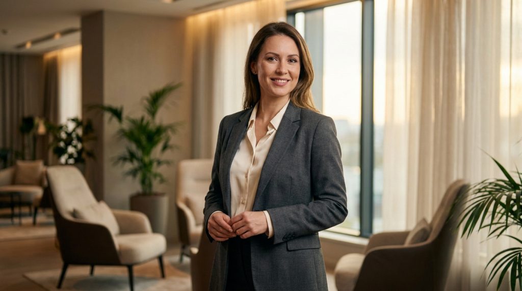 Femme d'affaires souriante portant un tailleur élégant dans un bureau moderne et lumineux.