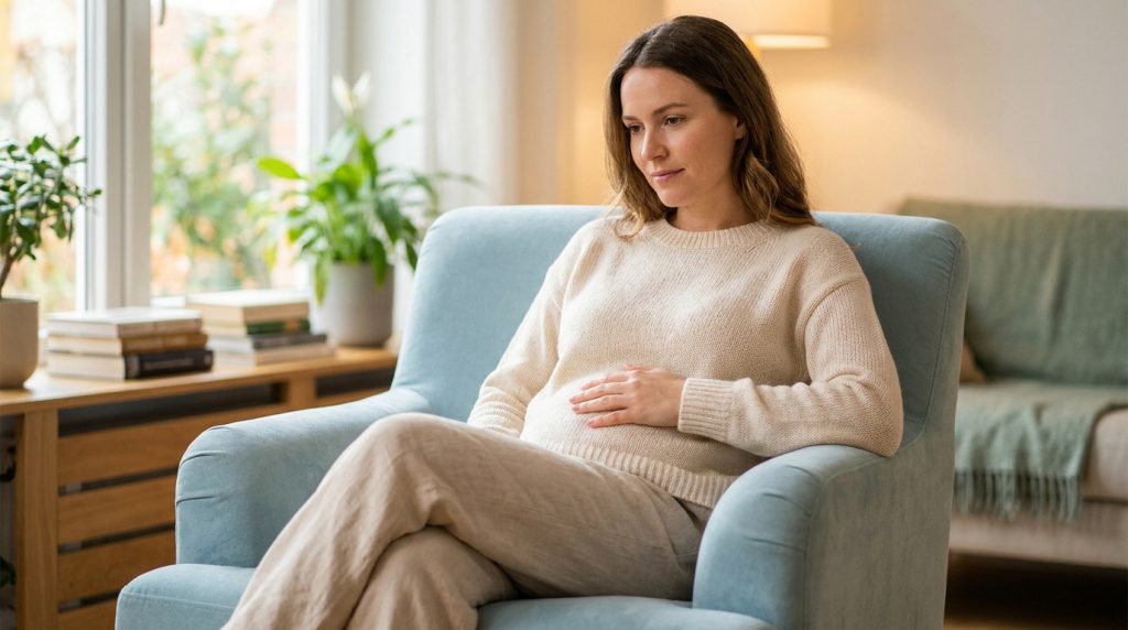 Une femme assise dans un fauteuil bleu, la main posée sur le bas de son ventre avec une expression pensive.