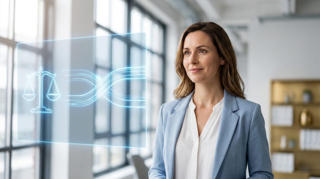 Une femme professionnelle regarde un écran holographique affichant une balance de justice numérique dans un bureau lumineux.