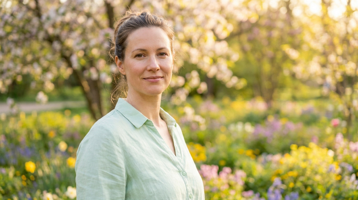 Une femme souriante posant dans un jardin fleuri au printemps sous une lumière dorée.