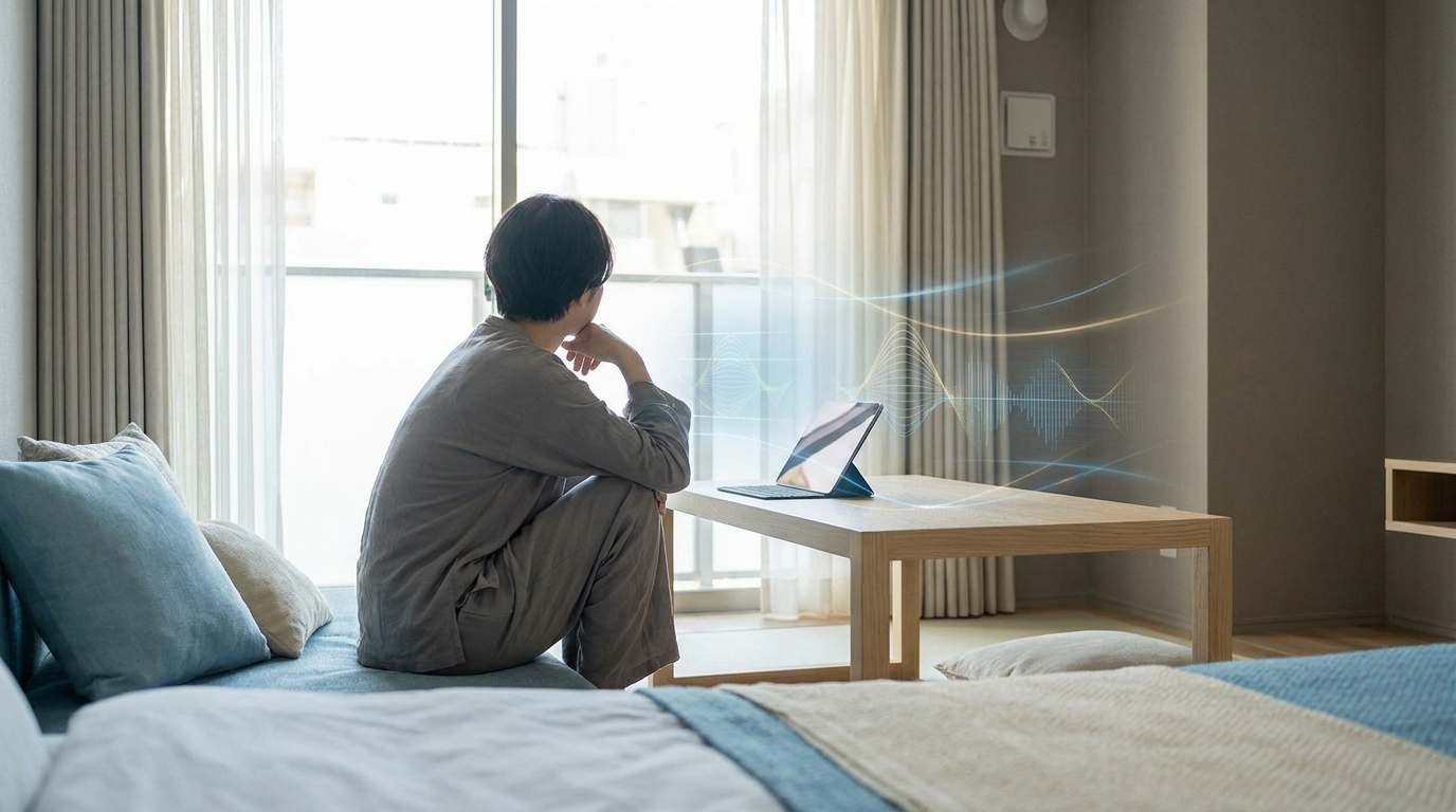 Une personne assise dans une chambre lumineuse, regardant par la fenêtre avec une représentation numérique d'ondes sonores.