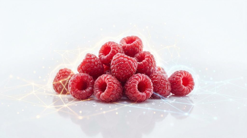 Un tas de framboises fraîches entouré d'effets graphiques digitaux sur fond blanc.
