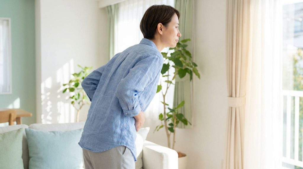 Une femme debout dans un salon, tenant son bas-ventre avec une expression de douleur, évoquant une infection urinaire.