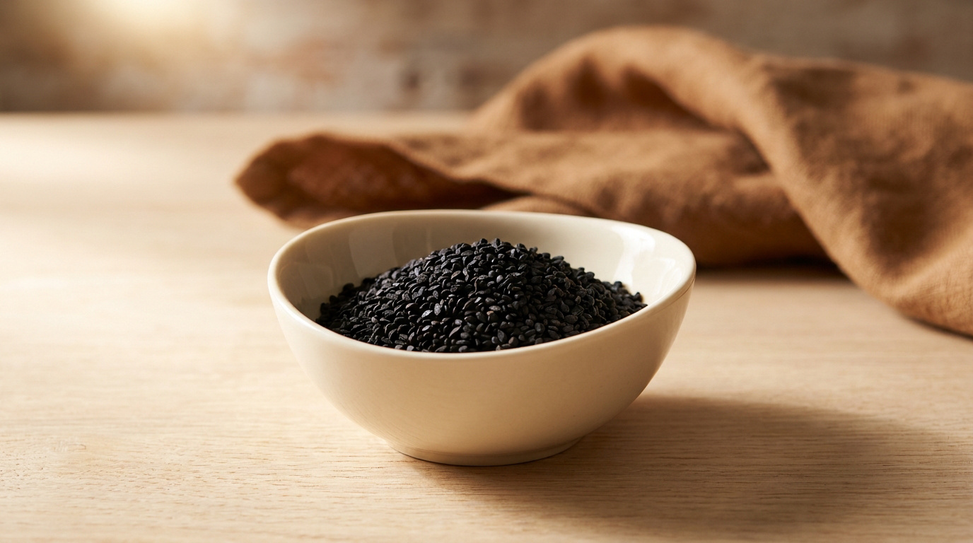 Bol en céramique rempli de graines de nigelle noires sur une table en bois clair.