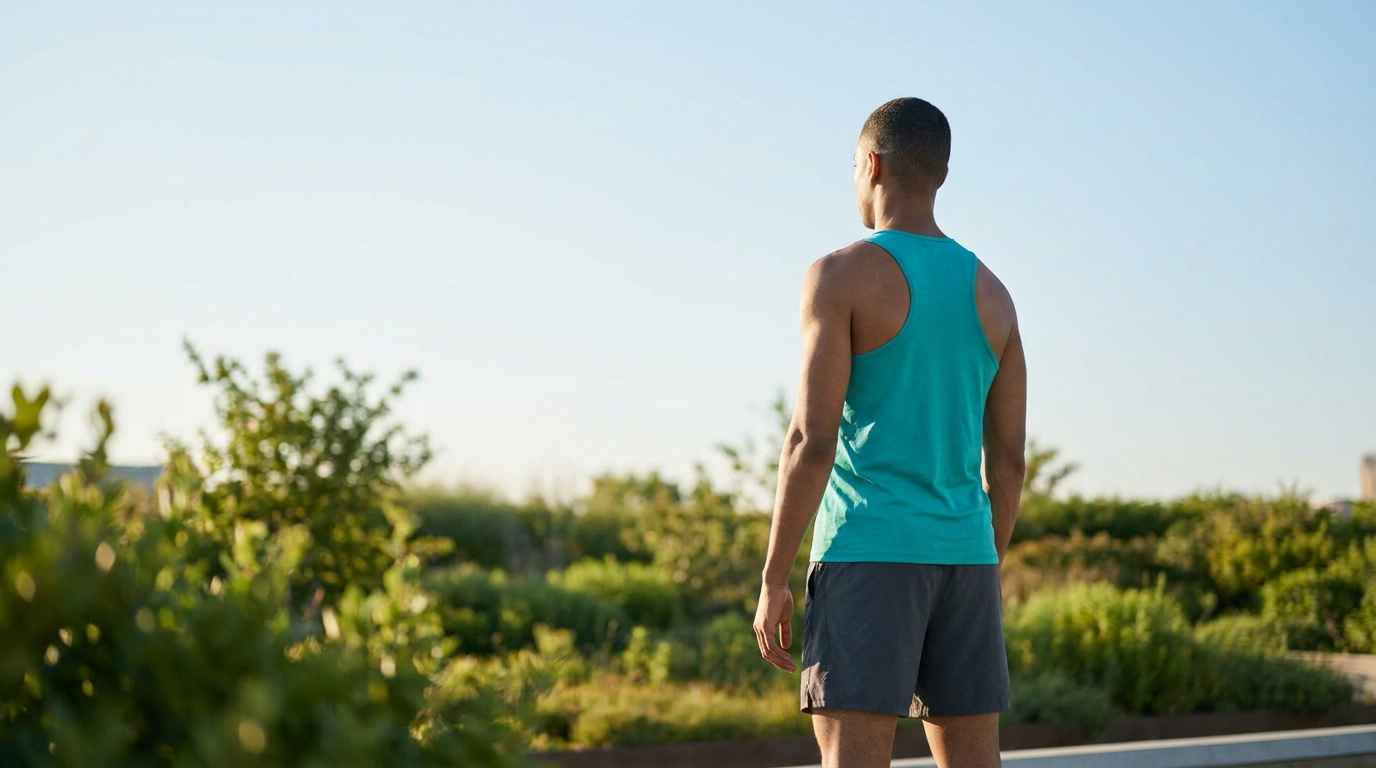 Un homme vu de dos en tenue de sport, portant un débardeur bleu turquoise, debout devant un paysage végétal.