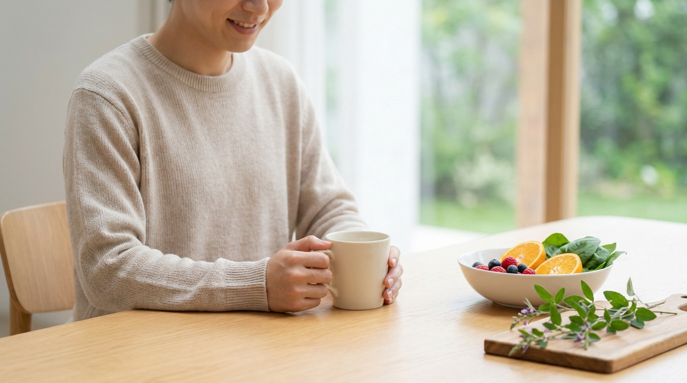 Une personne souriante assise à table avec une tasse et un bol de fruits frais et de légumes verts.