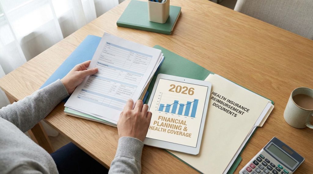 Une personne examine des documents de santé et une tablette montrant des graphiques financiers pour l'année 2026.