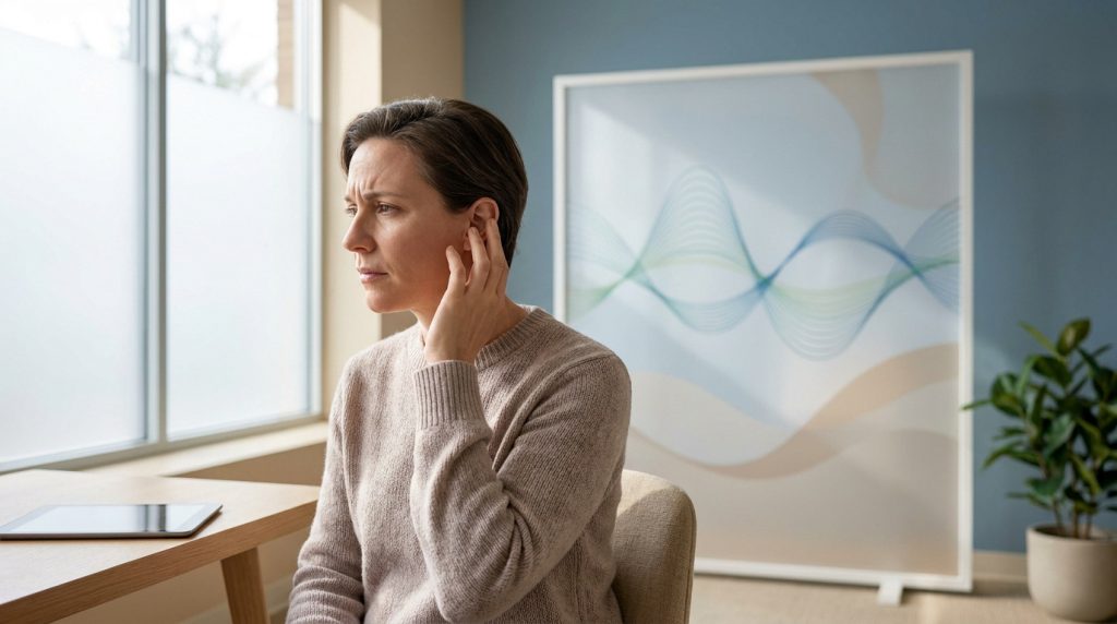 Une femme assise devant une fenêtre touchant son oreille avec une expression préoccupée.