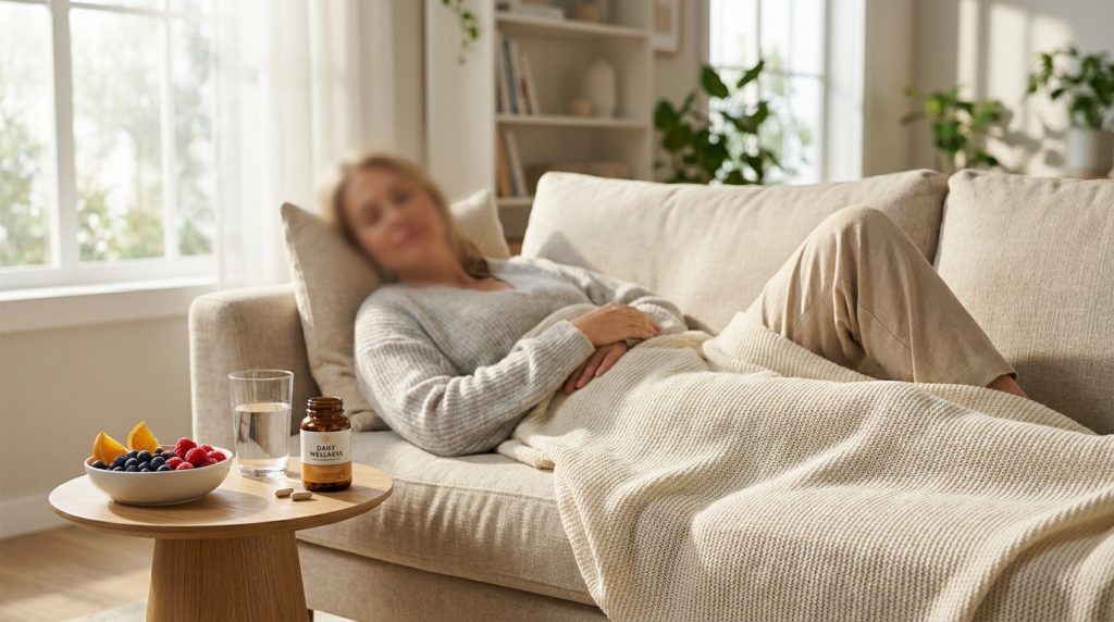 Femme se reposant sur un canapé avec des compléments alimentaires et des fruits frais sur une table basse.