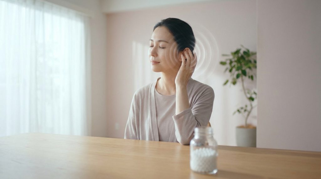 Femme touchant son oreille avec des ondes sonores illustrées et un flacon de granules homéopathiques sur la table.
