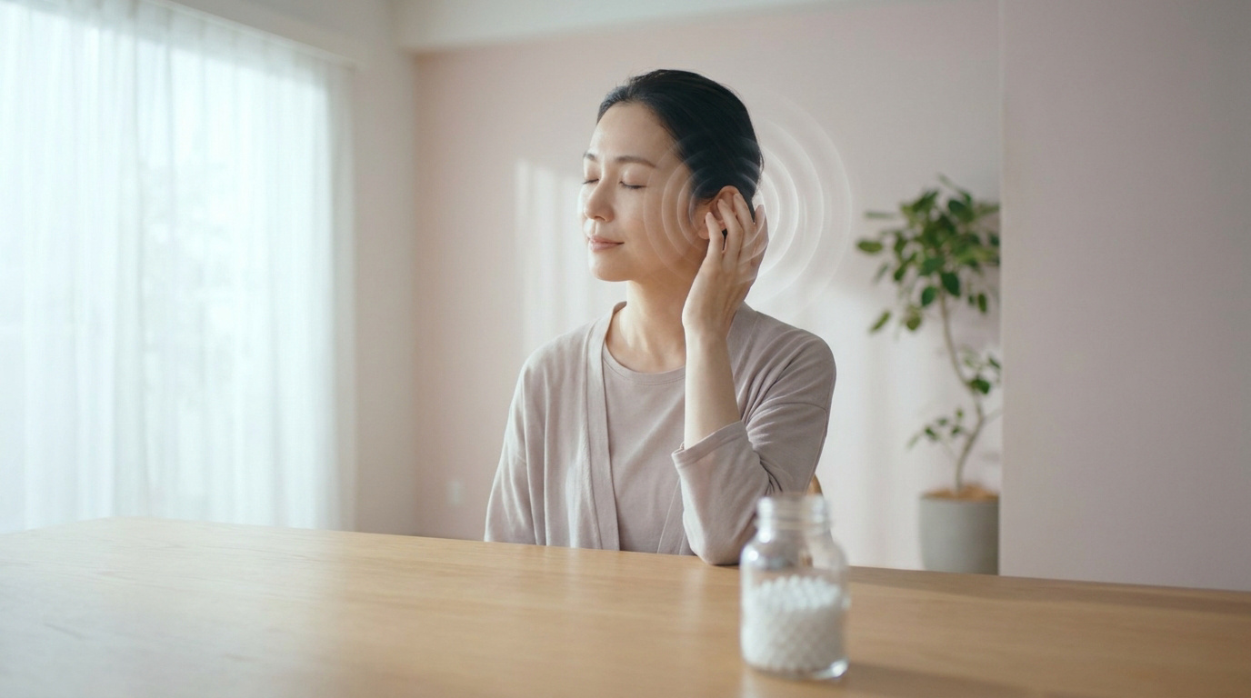 Femme touchant son oreille avec des ondes sonores illustrées et un flacon de granules homéopathiques sur la table.