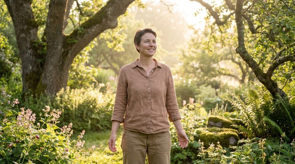Une femme souriante se tient debout dans un jardin luxuriant baigné par la lumière dorée du soleil.