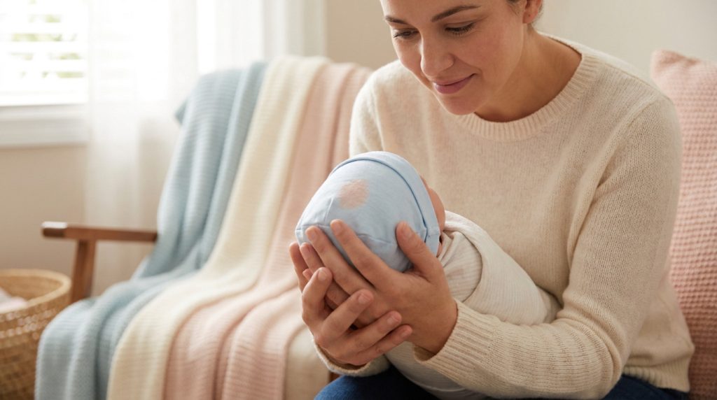 Une mère regarde tendrement son nouveau-né emmailloté qui porte un bonnet bleu avec une marque sur le dessus.