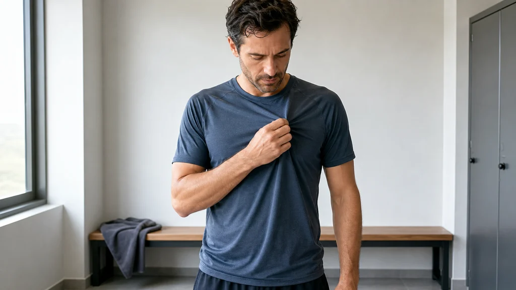 Un homme éloigne légèrement le tissu de son t-shirt de sport de sa poitrine après un jogging pour limiter le frottement.