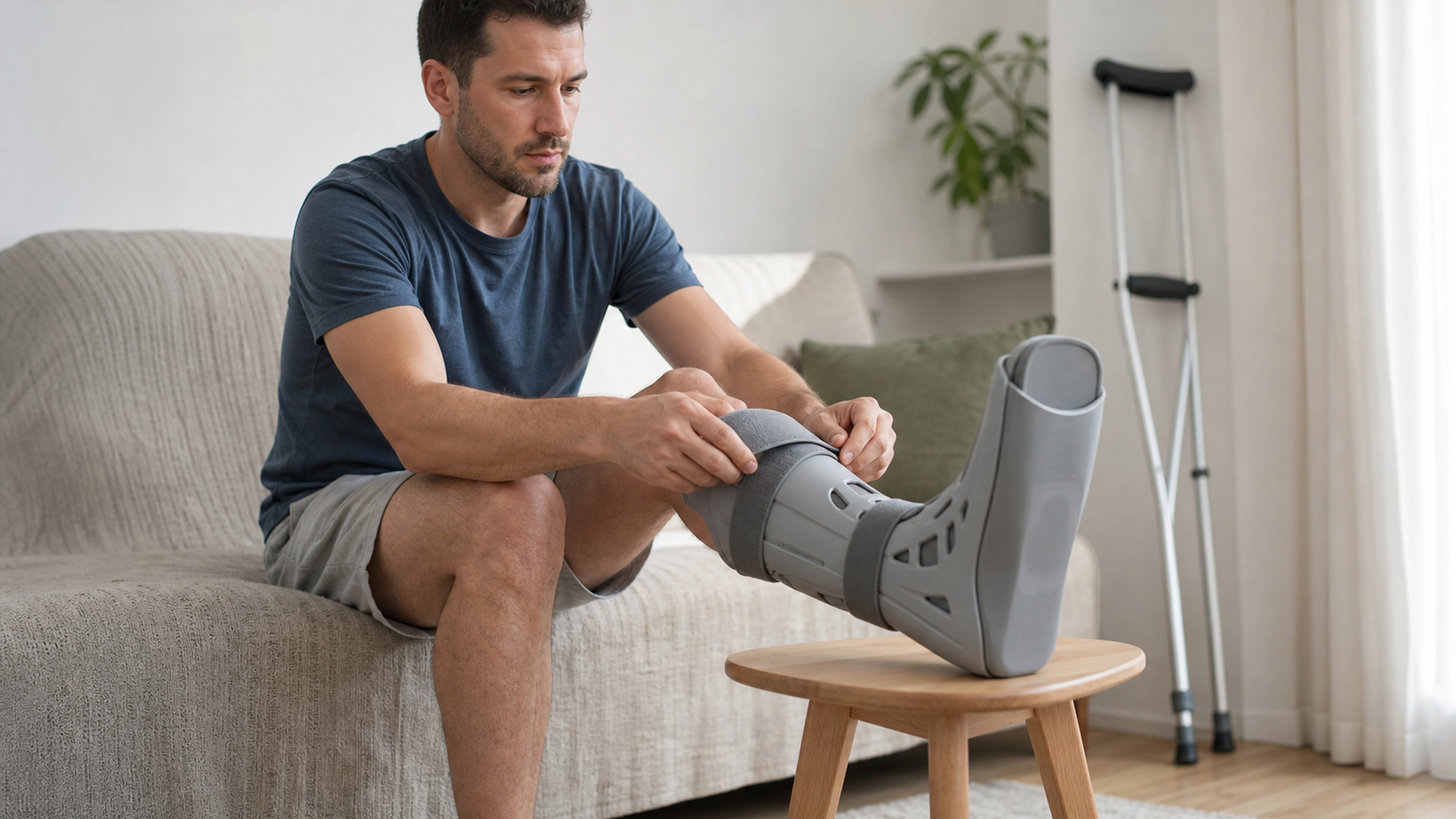 Adulte assis ajustant une botte orthopédique au pied, avec des béquilles posées à proximité.