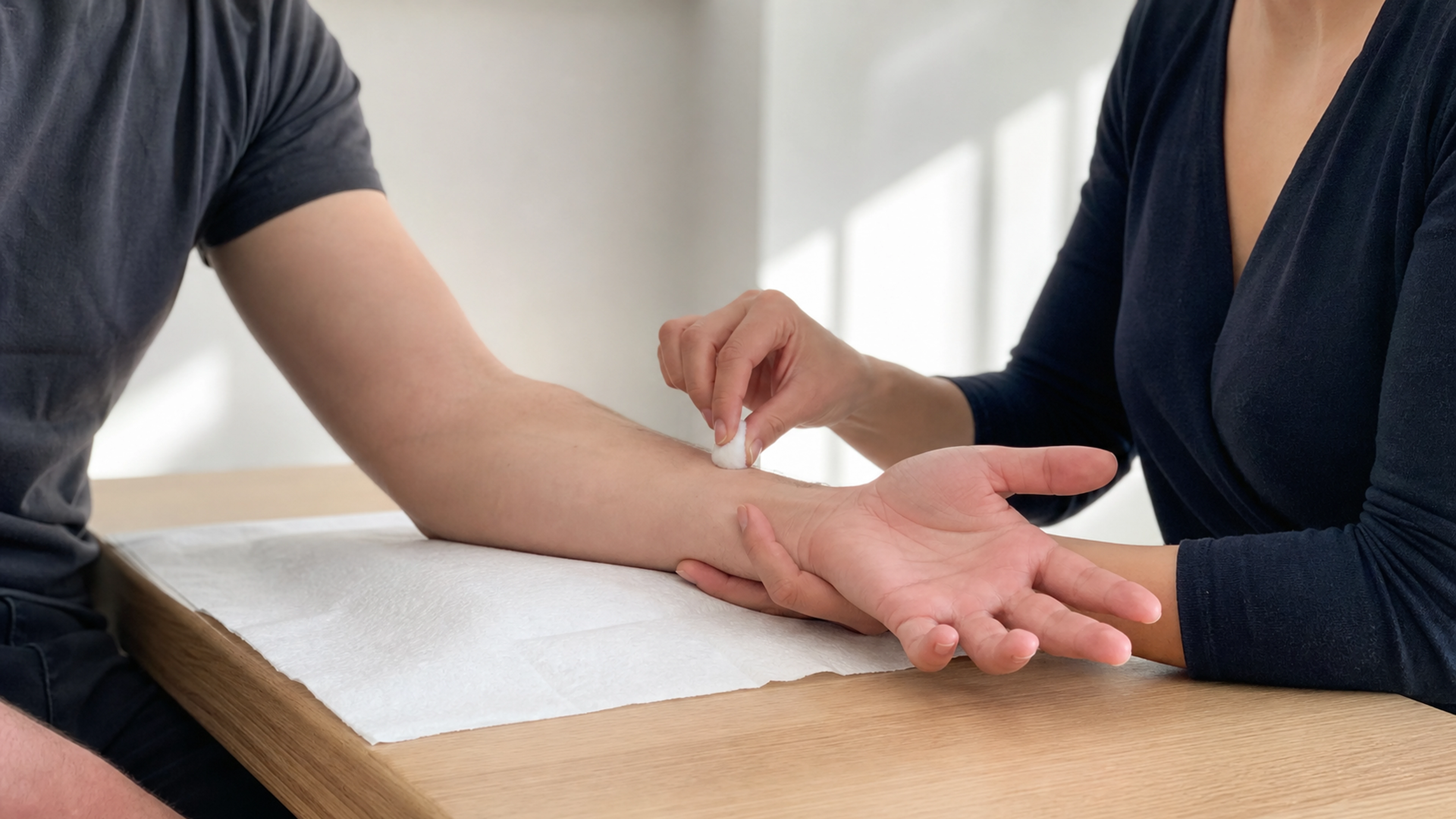 Professionnelle de santé testant délicatement la sensibilité d’une main avec une boule de coton.