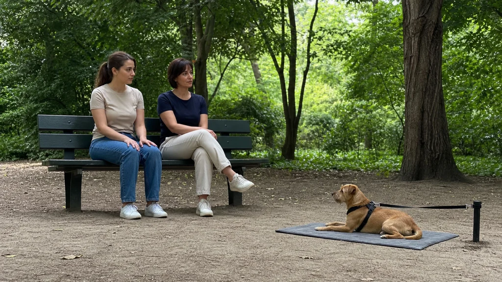 Adulte accompagné par une psychologue observant à distance un chien calme dans un parc.