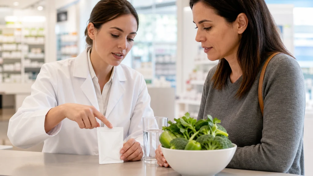 Une professionnelle présente un sachet protéiné neutre avec des légumes verts lors d'un conseil en pharmacie.