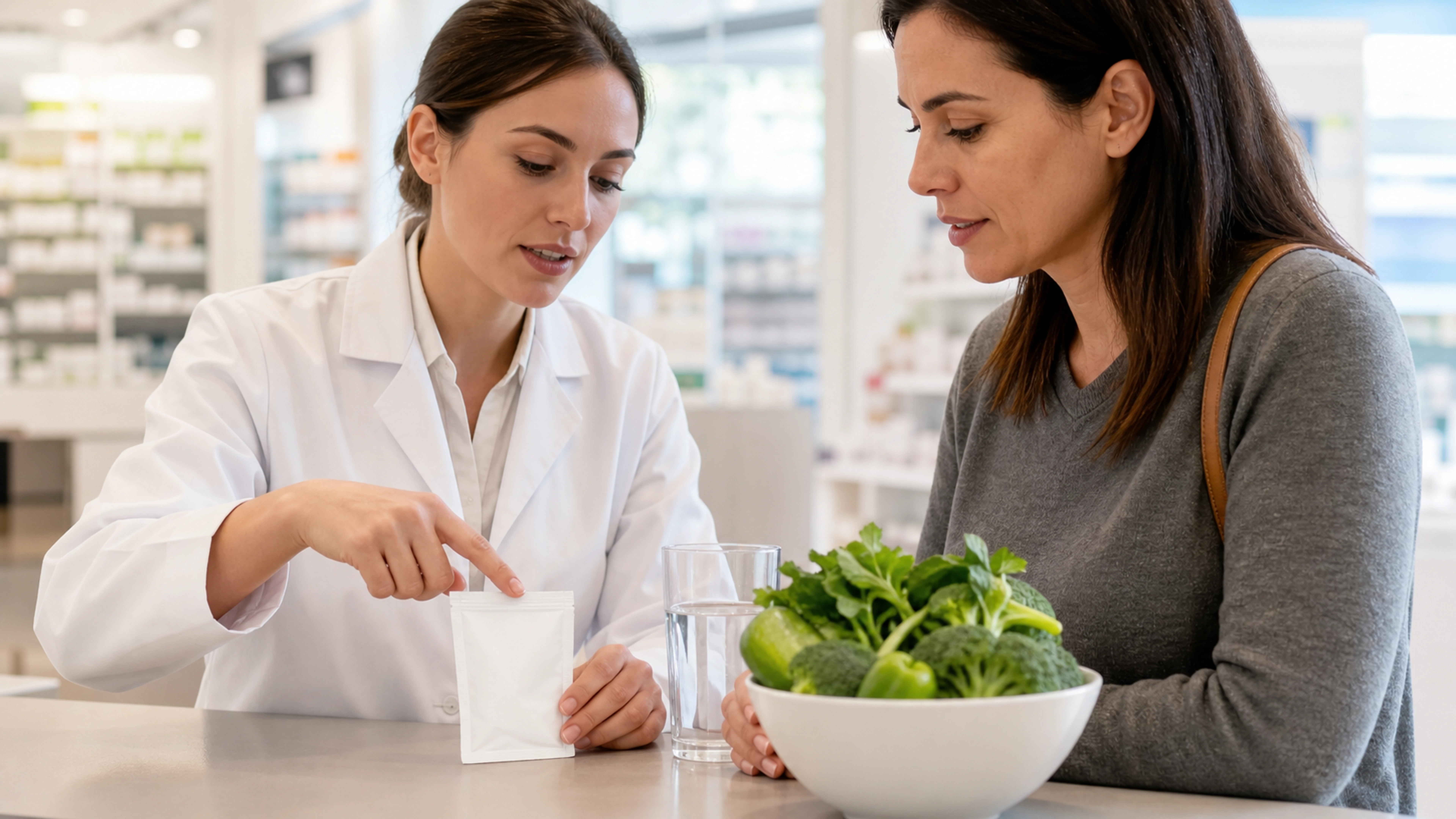 Une professionnelle présente un sachet protéiné neutre avec des légumes verts lors d'un conseil en pharmacie.