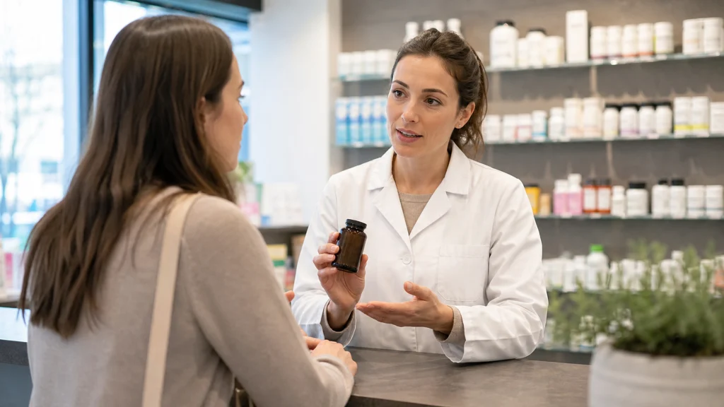Une pharmacienne conseille une femme au comptoir à propos d’un complément de préconception présenté dans un flacon neutre.