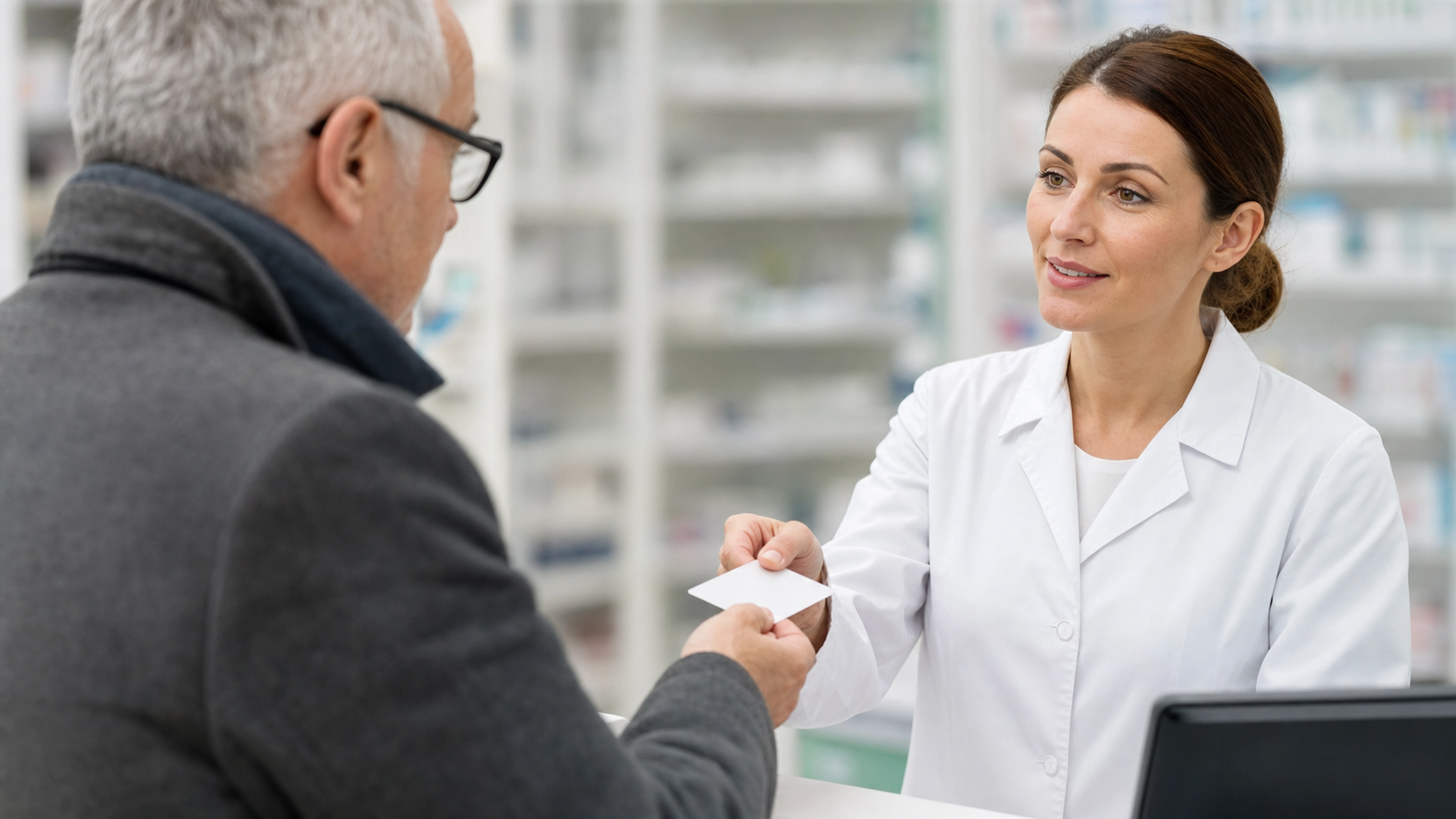 Un senior présente une carte de santé neutre au comptoir d'une pharmacie pour se renseigner sur la vaccination antigrippale.