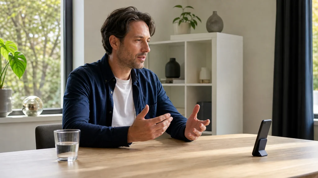 Adulte utilisant un smartphone posé à distance sur une table pendant un appel mains libres.