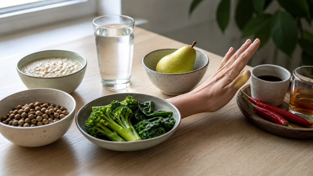 Repas riche en fibres et verre d’eau, avec café, piments et alcool écartés sur le côté.