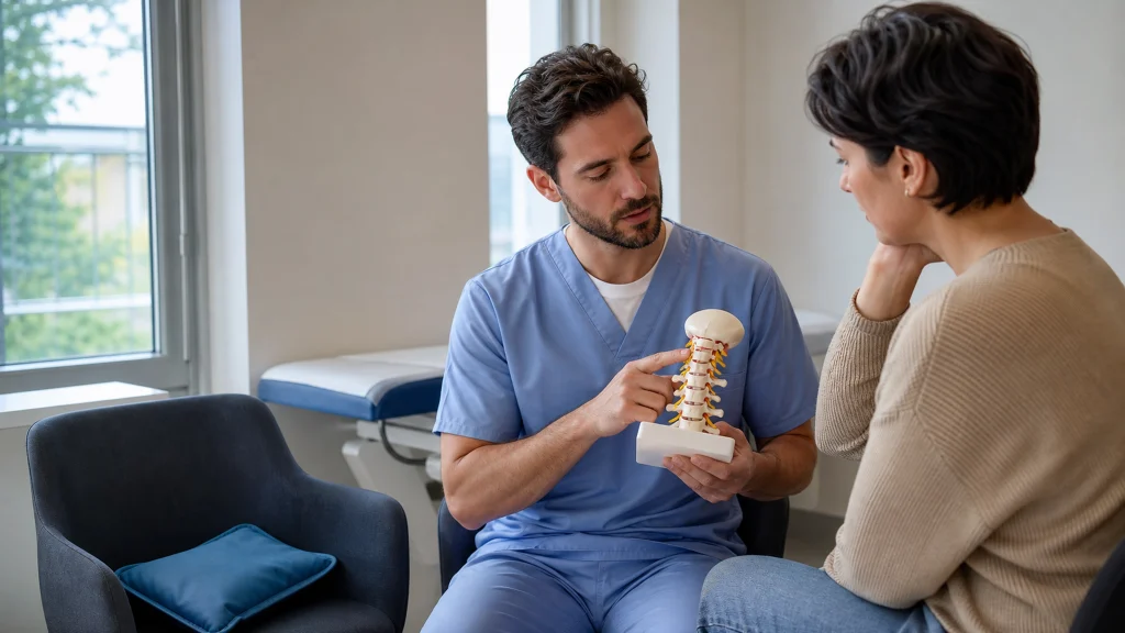 Patient échangeant avec un professionnel de santé au sujet des précautions après une infiltration cervicale.
