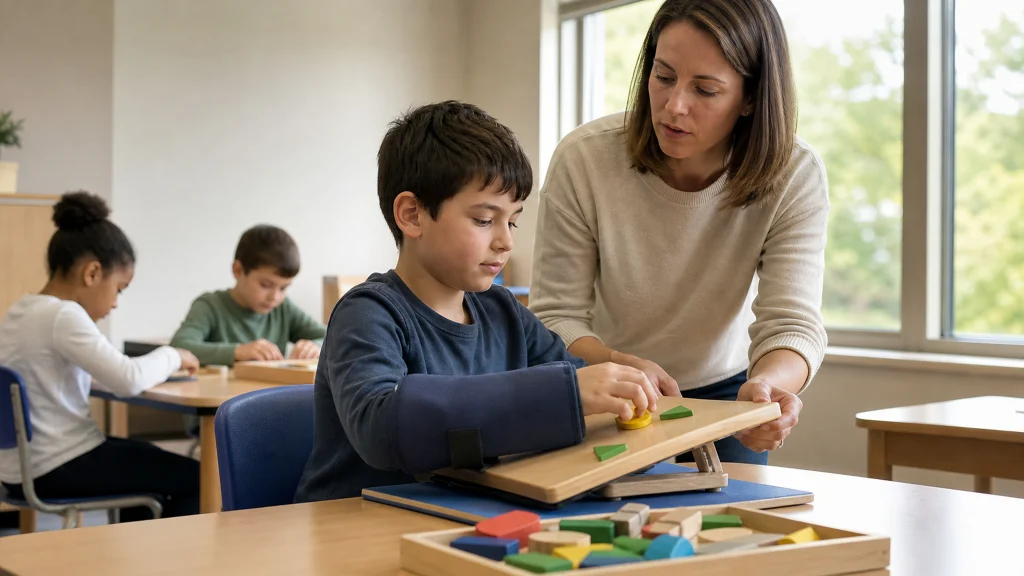 Ergothérapeute adaptant le poste de travail d'un élève lors d'une activité de motricité fine en classe.