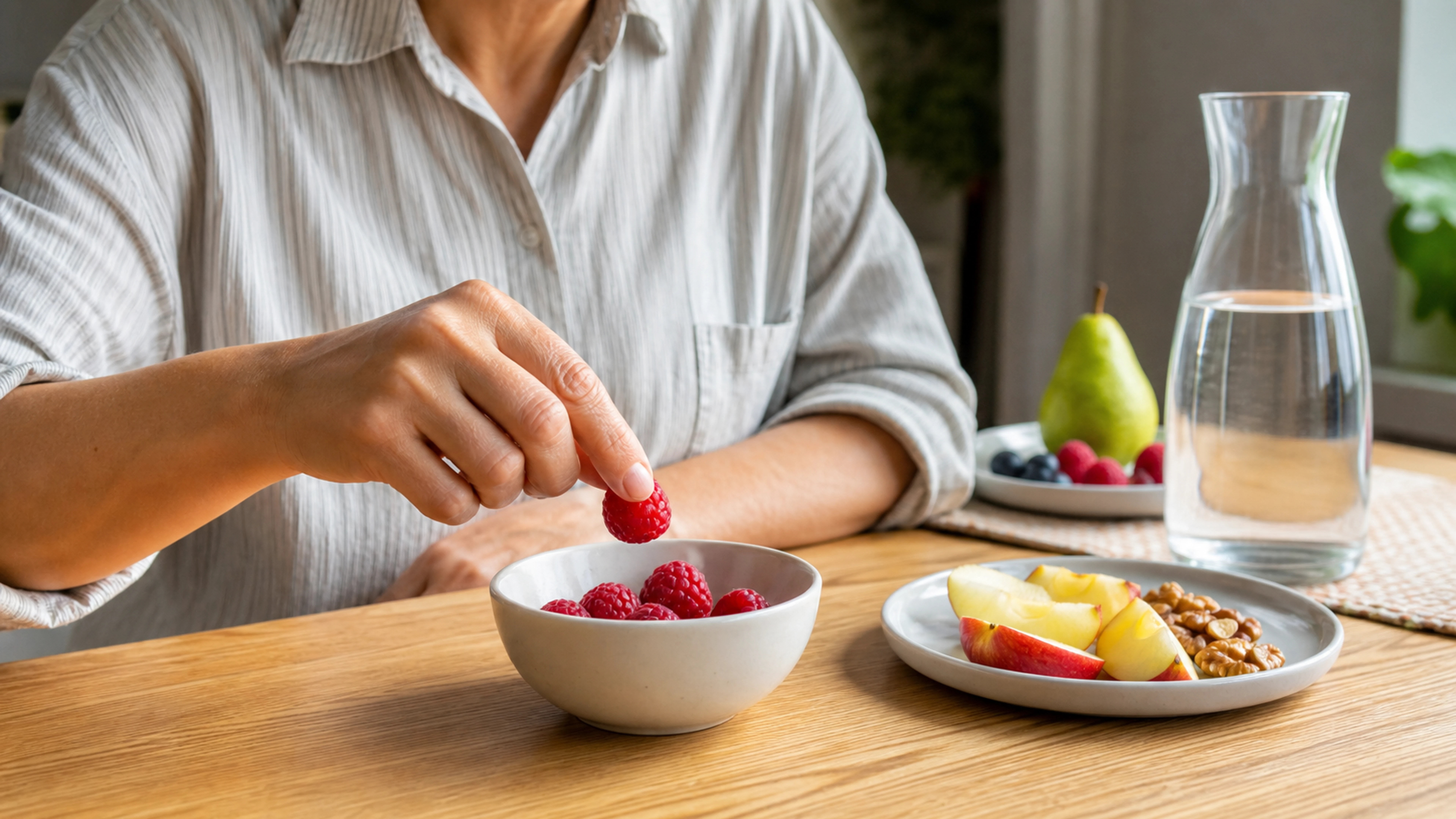 Petite portion de framboises et de pomme entière préparée avec quelques noix à la fin d'un repas.