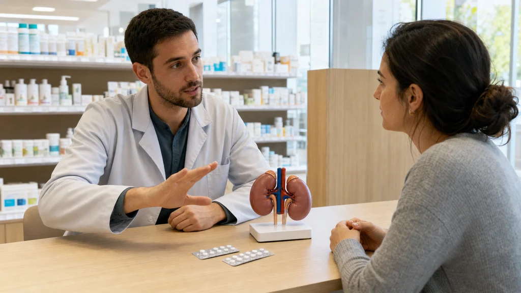 Pharmacien conseillant un adulte sur les précautions rénales avant la prise d'un anti-inflammatoire.