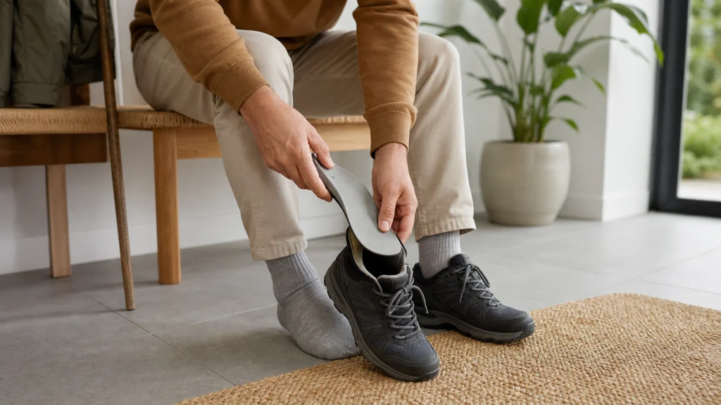 Adulte insérant une semelle de soutien profilée dans une chaussure de marche dans une entrée lumineuse.